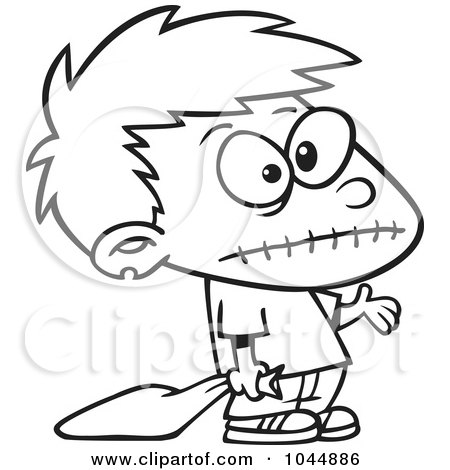 Royalty-Free (RF) Clip Art Illustration of a Cartoon Black And White Outline Design Of A Frankenstein Boy Trick Or Treating by toonaday