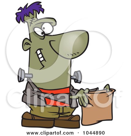 Royalty-Free (RF) Clip Art Illustration of a Cartoon Frankenstein Holding A Treat Bag by toonaday