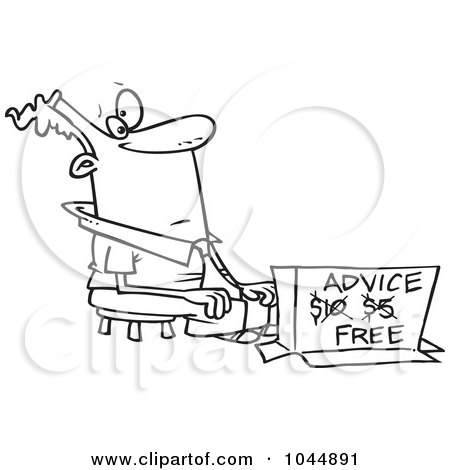 Royalty-Free (RF) Clip Art Illustration of a Cartoon Black And White Outline Design Of A Businessman Offering Free Advice by toonaday