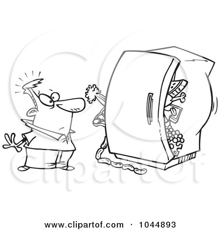 Royalty-Free (RF) Clip Art Illustration of a Cartoon Black And White Outline Design Of A Man Standing Before A Packed Refrigerator by toonaday