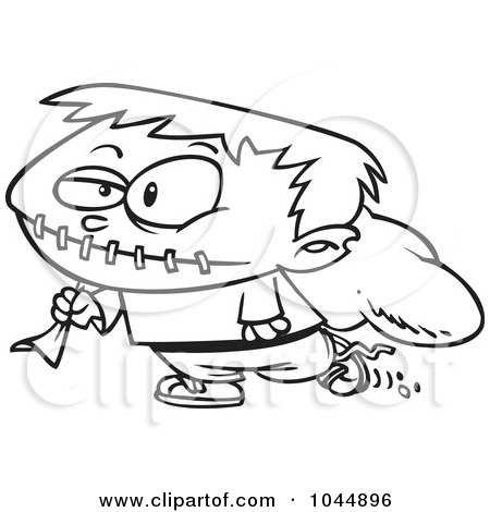 Royalty-Free (RF) Clip Art Illustration of a Cartoon Black And White Outline Design Of A Trick Or Treating Frankenstein Boy by toonaday