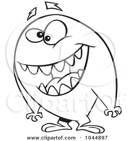 Royalty-Free (RF) Clip Art Illustration of a Cartoon Black And White Outline Design Of A Friendly Monster by toonaday
