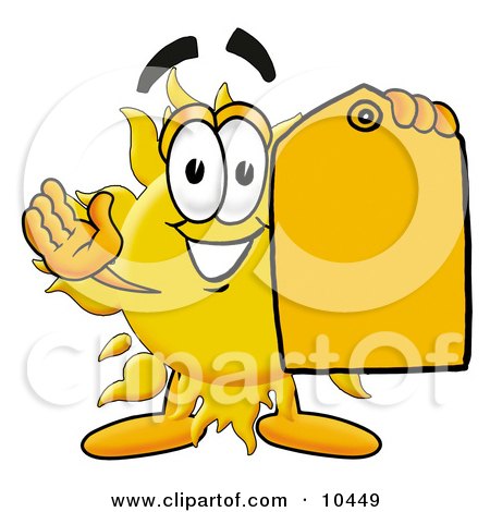 Clipart Picture of a Sun Mascot Cartoon Character Holding a Yellow Sales Price Tag by Mascot Junction