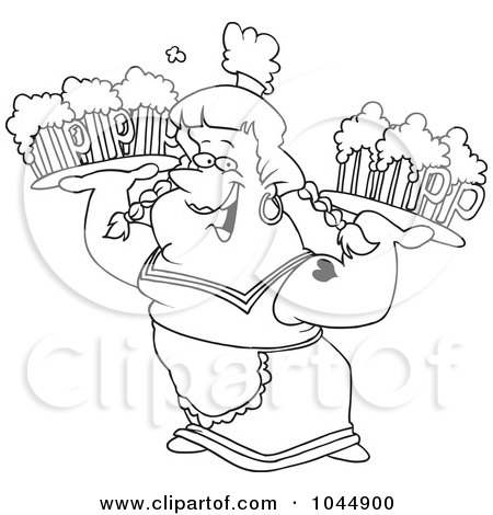 Royalty-Free (RF) Clip Art Illustration of a Cartoon Black And White Outline Design Of A Beer Maiden Carrying Trays by toonaday