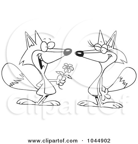Royalty-Free (RF) Clip Art Illustration of a Cartoon Black And White Outline Design Of A Romantic Fox Giving His Mate A Flower by toonaday