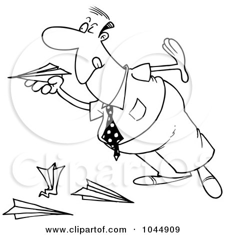 Royalty-Free (RF) Clip Art Illustration of a Cartoon Black And White Outline Design Of A Businessman Playing With Paper Planes by toonaday