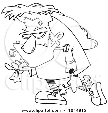 Royalty-Free (RF) Clip Art Illustration of a Cartoon Black And White Outline Design Of Frankenstein Carrying A Bag And Bone by toonaday