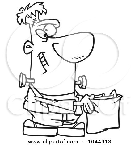 Royalty-Free (RF) Clip Art Illustration of a Cartoon Black And White Outline Design Of Frankenstein Holding A Treat Bag by toonaday