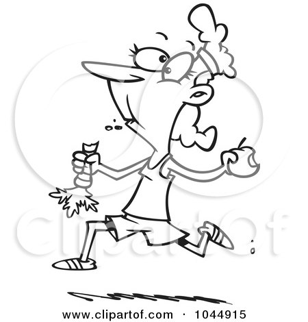 Royalty-Free (RF) Clip Art Illustration of a Cartoon Black And White Outline Design Of A Female Jogger Eating Her Fruits And Veggies by toonaday