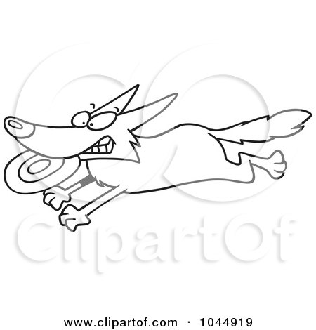 Royalty-Free (RF) Clip Art Illustration of a Cartoon Black And White Outline Design Of A Dog Running With A Frisbee by toonaday