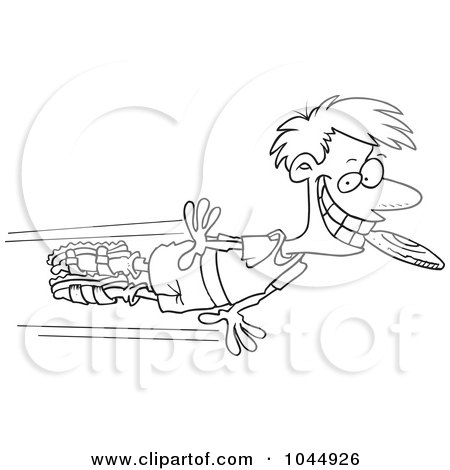 Royalty-Free (RF) Clip Art Illustration of a Cartoon Black And White Outline Design Of A Man Catching A Frisbee In His Mouth by toonaday