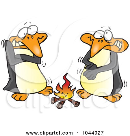 Royalty-Free (RF) Clip Art Illustration of Cartoon Penguins Warming Up By A Fire by toonaday