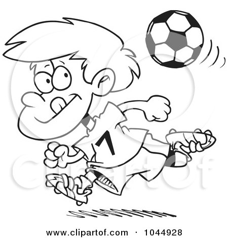 Royalty-Free (RF) Clip Art Illustration of a Cartoon Black And White Outline Design Of A Running Soccer Boy by toonaday