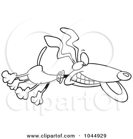 Royalty-Free (RF) Clip Art Illustration of a Cartoon Black And White Outline Design Of A Leaping Dog Catching A Frisbee by toonaday