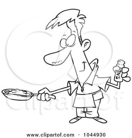 Royalty-Free (RF) Clip Art Illustration of a Cartoon Black And White Outline Design Of A Man Wearing An Apron And Cooking Eggs by toonaday