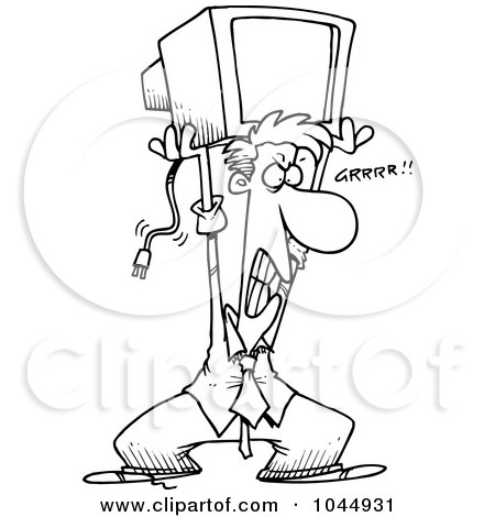 Royalty-Free (RF) Clip Art Illustration of a Cartoon Black And White Outline Design Of A Frustrated Businessman Throwing A Computer Monitor by toonaday