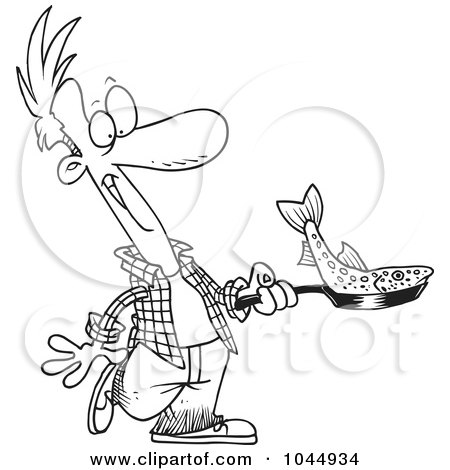 Royalty-Free (RF) Clip Art Illustration of a Cartoon Black And White Outline Design Of A Man Frying A Fish by toonaday