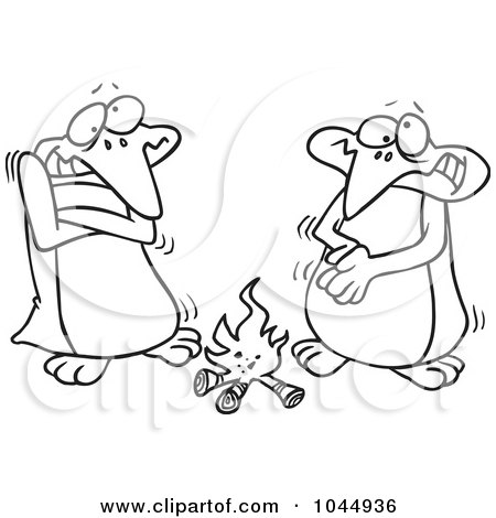 Royalty-Free (RF) Clip Art Illustration of a Cartoon Black And White Outline Design Of Penguins Warming Up By A Fire by toonaday