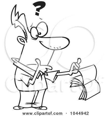 Royalty-Free (RF) Clip Art Illustration of a Cartoon Black And White Outline Design Of A Confused Man Holding A Book by toonaday