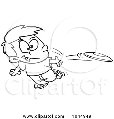 Royalty-Free (RF) Clip Art Illustration of a Cartoon Black And White Outline Design Of A Boy Tossing A Frisbee by toonaday