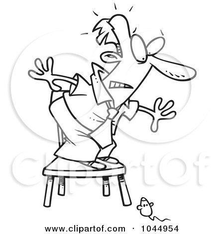 Royalty-Free (RF) Clip Art Illustration of a Cartoon Black And White Outline Design Of A Mouse Scaring A Businessman by toonaday