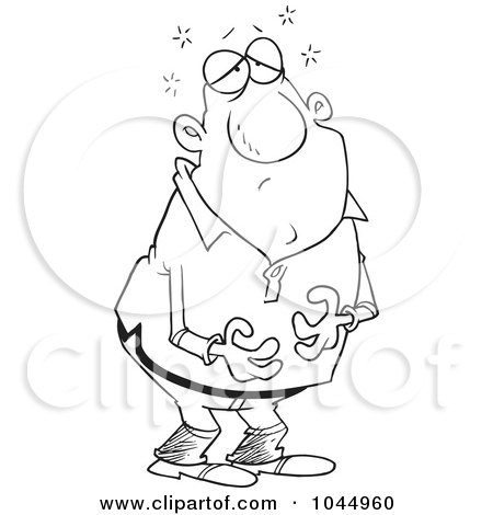 Royalty-Free (RF) Clip Art Illustration of a Cartoon Black And White Outline Design Of A Man Holding His Full Tummy by toonaday