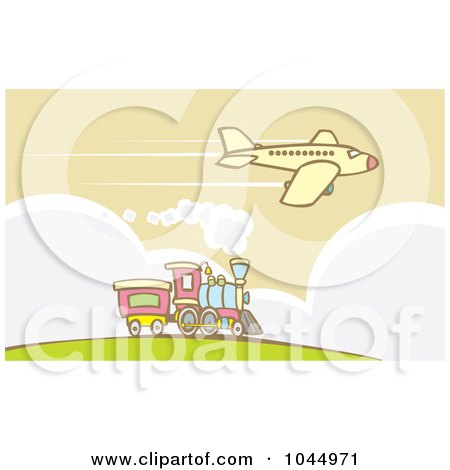 Royalty-Free (RF) Clipart Illustration of a Plane Flying Over A Train by xunantunich