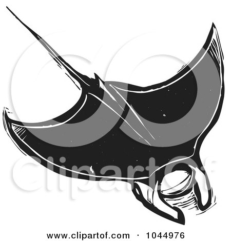 Royalty-Free (RF) Clipart Illustration of a Black And White Woodcut Style Manta Ray by xunantunich