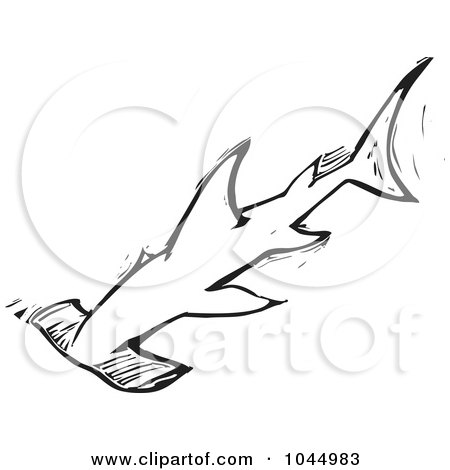 Royalty-Free (RF) Clipart Illustration of a Black And White Woodcut Style Hammerhead Shark by xunantunich