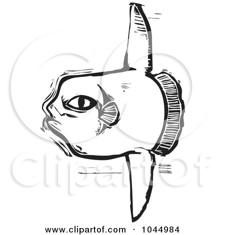 Royalty-Free (RF) Clipart Illustration of a Black And White Woodcut Style Sunfish by xunantunich