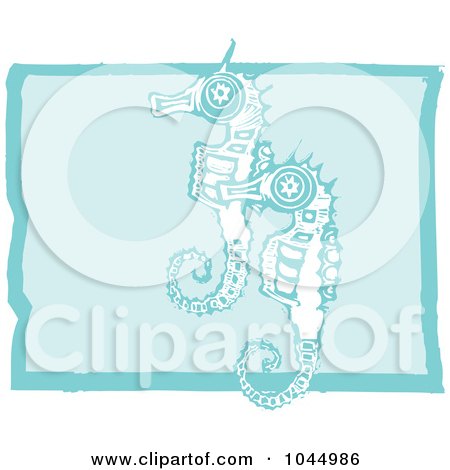 Royalty-Free (RF) Clipart Illustration of a Blue Woodcut Style Design Of Seahorses by xunantunich