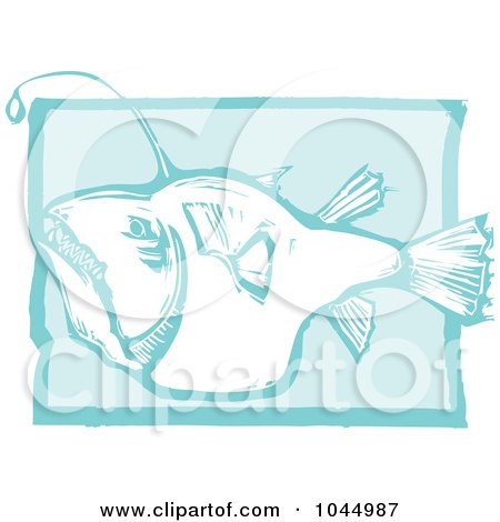 Royalty-Free (RF) Clipart Illustration of a Blue Woodcut Style Design Of An Angler Fish by xunantunich