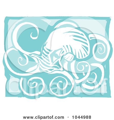 Royalty-Free (RF) Clipart Illustration of a Blue Woodcut Style Design Of An Octopus by xunantunich