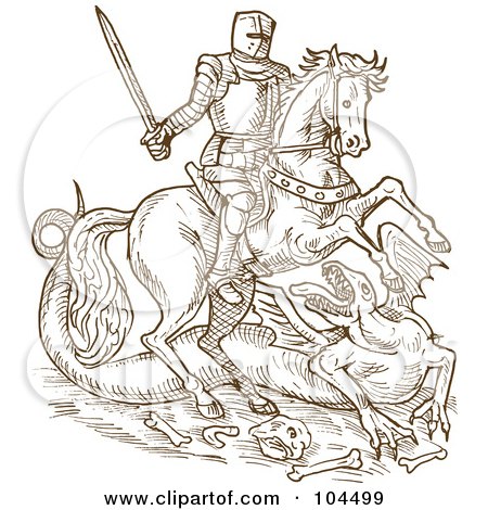Royalty-Free (RF) Clipart Illustration of a Brown Sketched Knight On His Steed, Battling A Dragon by patrimonio