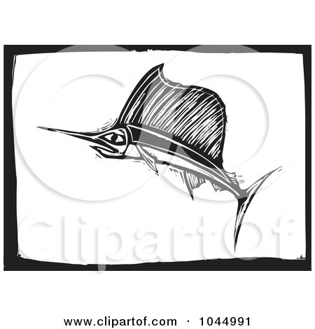 Royalty-Free (RF) Clipart Illustration of a Black And White Woodcut Styled Swordfish by xunantunich