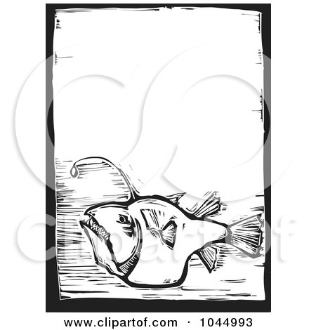 Royalty-Free (RF) Clipart Illustration of a Black And White Woodcut Styled Angler Fish by xunantunich