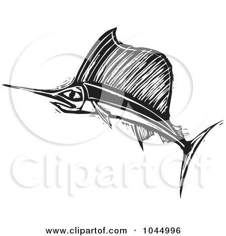 Royalty-Free (RF) Clipart Illustration of a Black And White Woodcut Style Swordfish by xunantunich