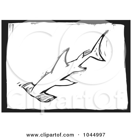 Royalty-Free (RF) Clipart Illustration of a Black And White Woodcut Styled Hammerhead Shark by xunantunich