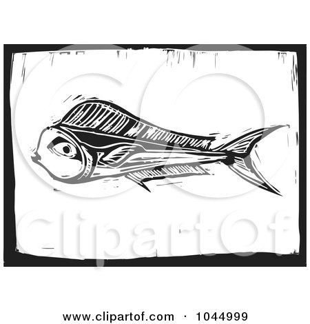 Royalty-Free (RF) Clipart Illustration of a Black And White Woodcut Styled Mahi Mahi Fish by xunantunich