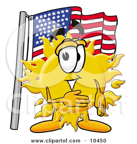 Clipart Picture of a Sun Mascot Cartoon Character Pledging Allegiance to an American Flag by Mascot Junction