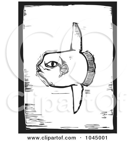 Royalty-Free (RF) Clipart Illustration of a Black And White Woodcut Styled Sunfish by xunantunich