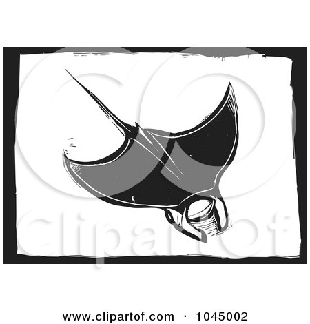 Royalty-Free (RF) Clipart Illustration of a Black And White Woodcut Styled Manta Ray by xunantunich