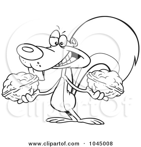 Royalty-Free (RF) Clip Art Illustration of a Cartoon Black And White Outline Design Of A Squirrel Holding Two Nuts by toonaday