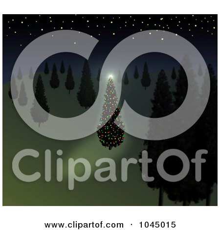 Royalty-Free (RF) Clip Art Illustration of a Christmas Tree Glowing In A Dark Forest On A Starry Night by oboy
