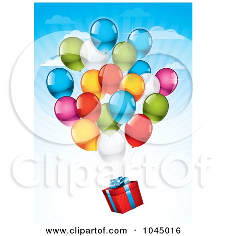 Royalty-Free (RF) Clip Art Illustration of Helium Party Balloons Floating A Birthday Gift In The Sky by TA Images