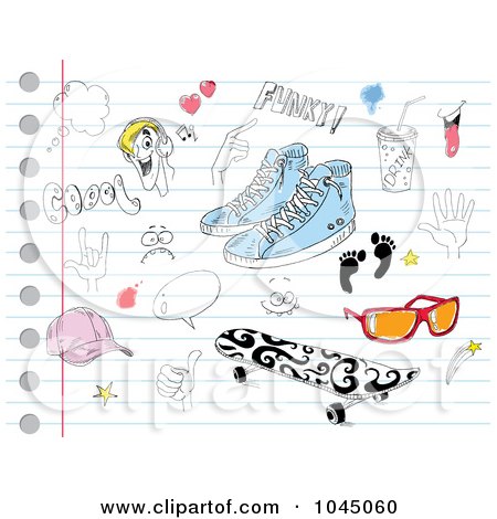 Royalty-Free (RF) Clip Art Illustration of a Digital Collage Of Shoes, Skateboard, Sunglasses And Other Doodles On Ruled Paper by yayayoyo
