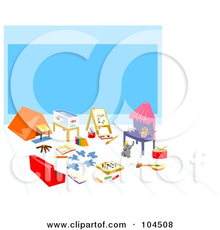 Royalty-Free (RF) Clipart Illustration of a Children's Play Area With Art And Camping Gear by patrimonio