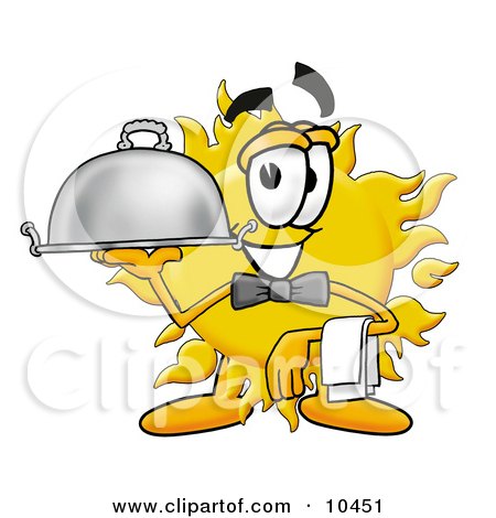 Clipart Picture of a Sun Mascot Cartoon Character Dressed as a Waiter and Holding a Serving Platter by Mascot Junction