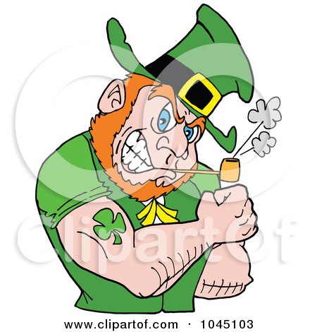 Royalty-Free (RF) Clip Art Illustration of a Leprechaun Smoking A Pipe And Flexing His Tattooed Arm by LaffToon