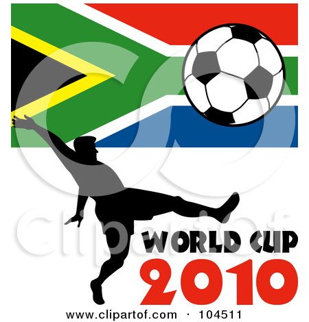 Royalty-Free (RF) Clipart Illustration of a Silhouetted Soccer Player With World Cup 2010 Text, A South African Flag And Soccer Ball by patrimonio